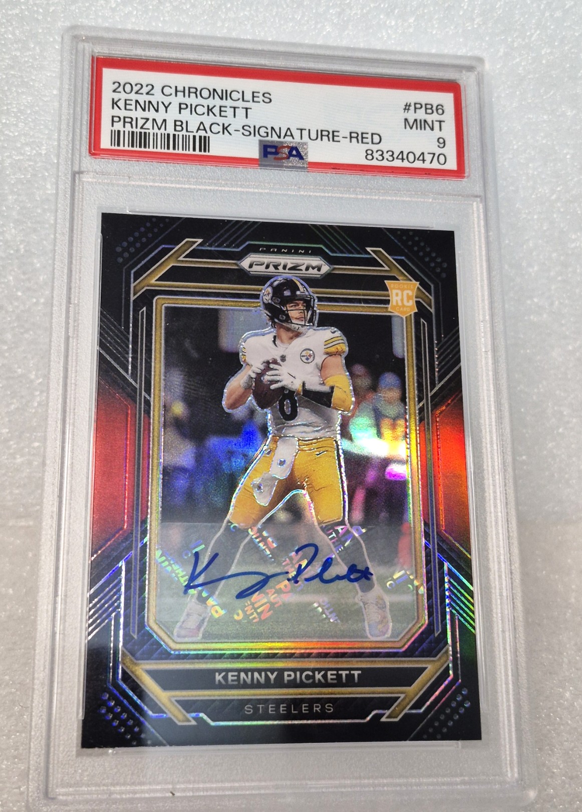 2022 Panini Chronicles Prizm Kenny Pickett RC Auto Black Red 37/99 PSA 9