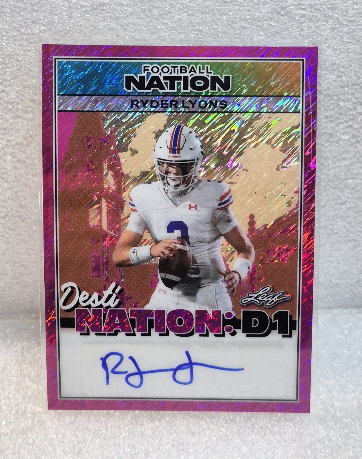 2025 Leaf Football Nation Ryder Lyons Desti-Nation: D1 Auto Shimmer Pink 5/6