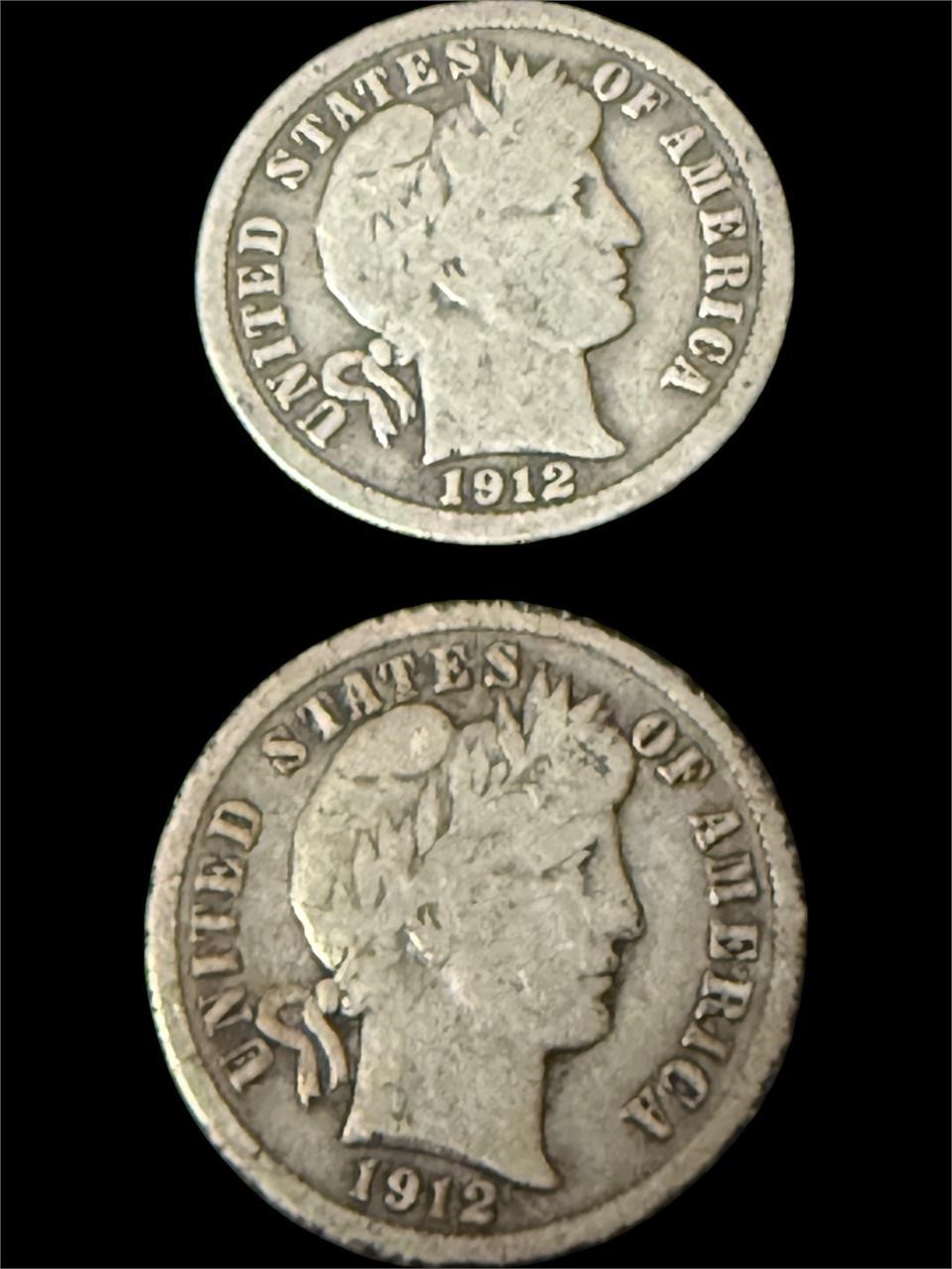 Lot of 2 Barber Silver Dimes 1912, 1912-D