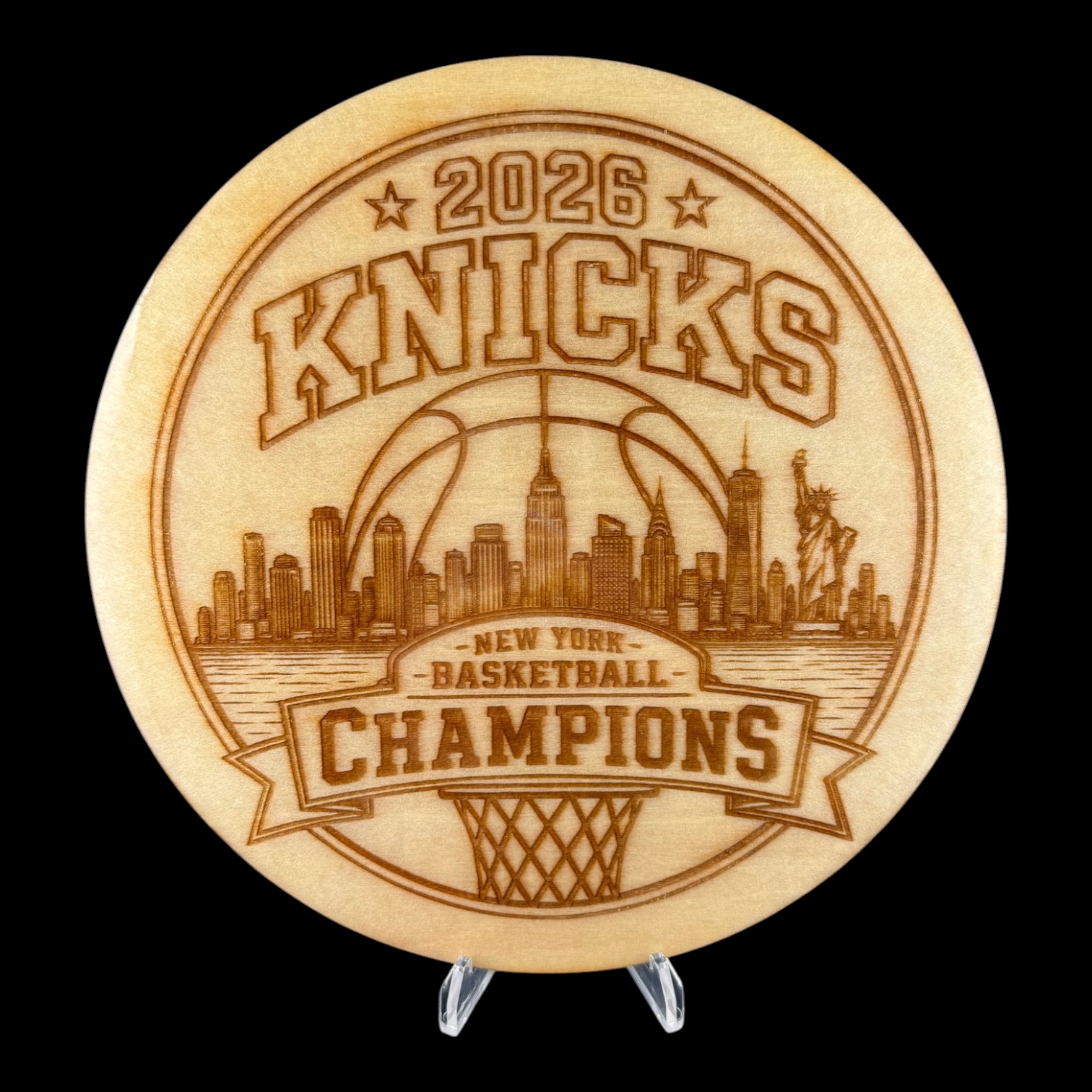 New York Basketball Champions 2026 Wooden Sign | NYC Skyline Engraved Wall Art | Championship Fan Gift | Basketball Decor Round Wood Plaque
