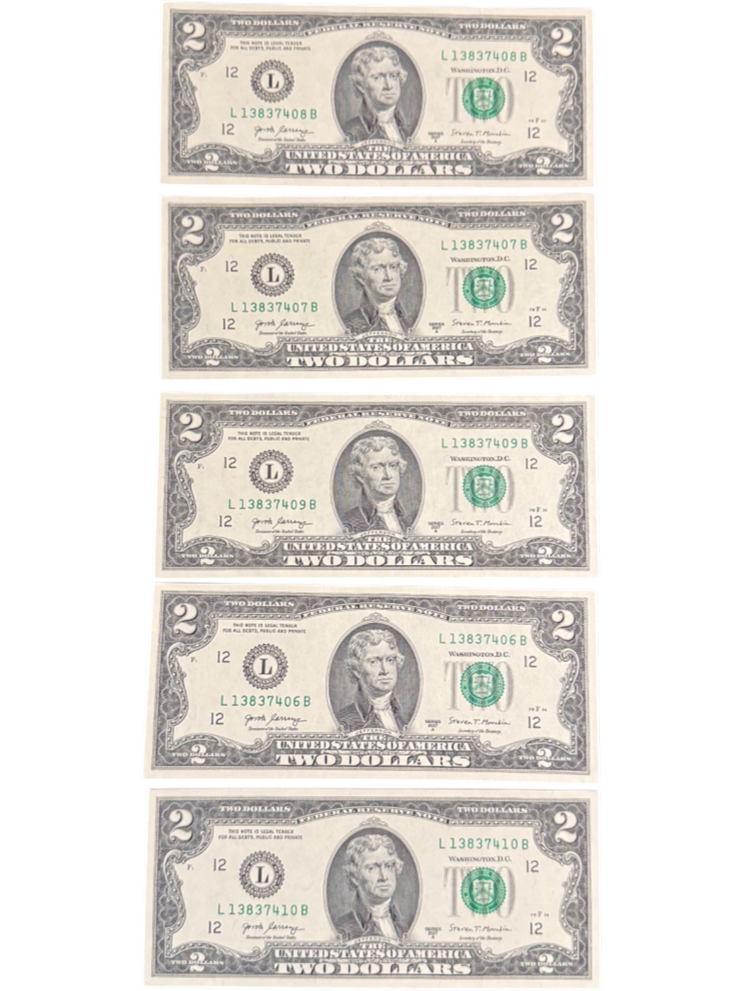 Uncirculated Numerical Order 2017A $2 Bills