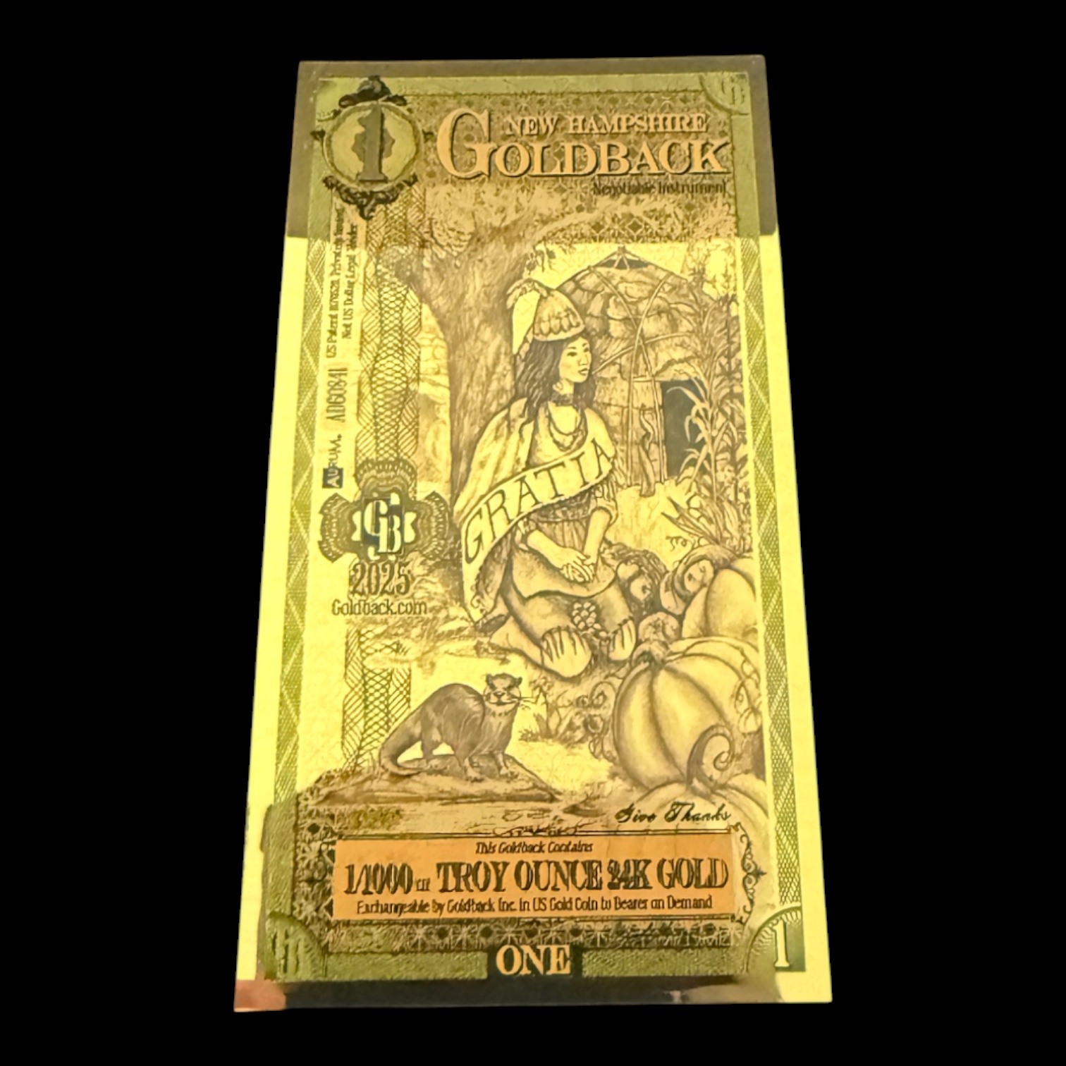 1 New Hampshire GoldBack 1/1000th Troy Ounce 24K Gold