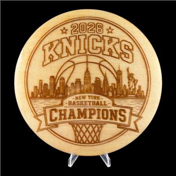 New York Basketball Champions 2026 Wooden Sign | NYC Skyline Engraved Wall Art | Championship Fan Gift | Basketball Decor Round Wood Plaque