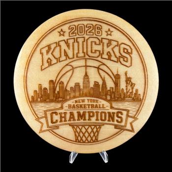 New York Basketball Champions 2026 Wooden Sign | NYC Skyline Engraved Wall Art | Championship Fan Gift | Basketball Decor Round Wood Plaque