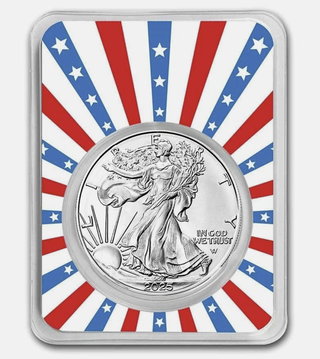 2025 1 oz American Silver Eagle w/Stars & Stripes Burst Card In TEP