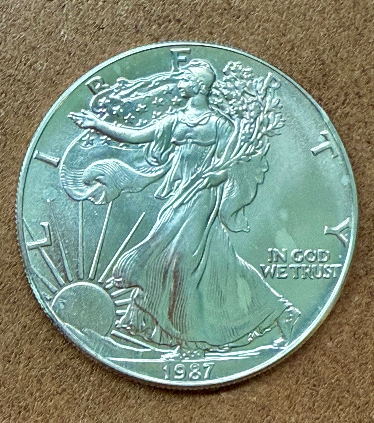 1987 1 oz American Silver Eagle Coin - Obverse Milk Spots