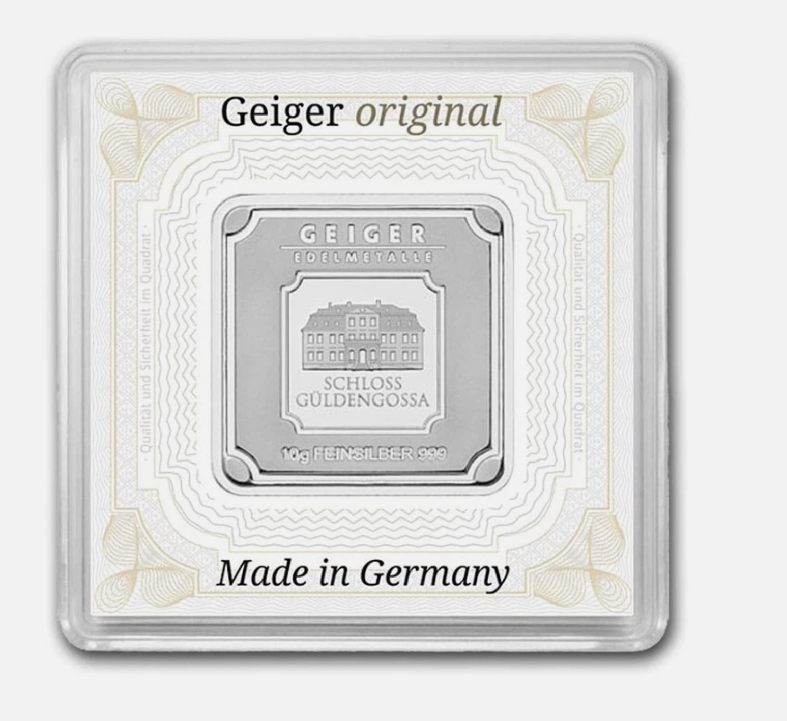 10 gram Silver Square - Geiger Edelmetalle (Encapsulated w/Assay)