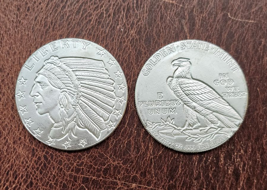1 oz .999 Fine Silver Incuse Indian Eagle Rounds - (2) 1/2 oz Rounds
