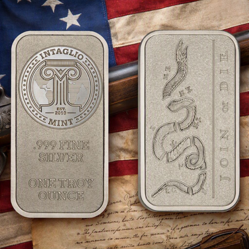1 oz Silver Bar - 1 oz .999 Fine Silver Join or Die Ingot - Intaglio Mint