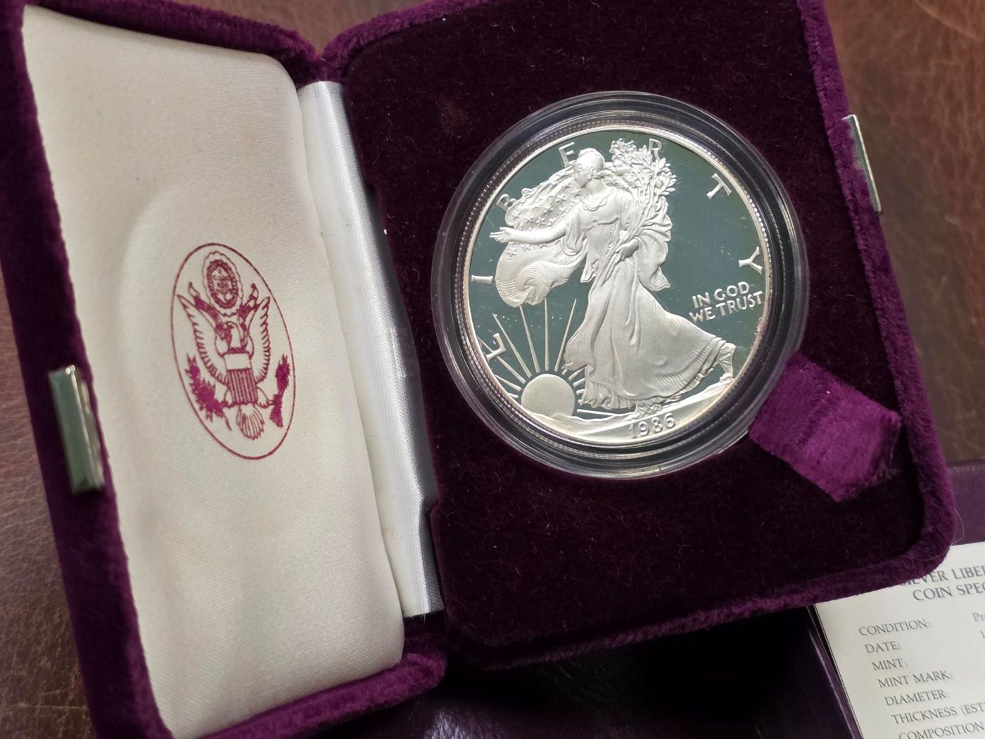1986-S 1 oz Proof American Silver Eagle (w/Box & COA)