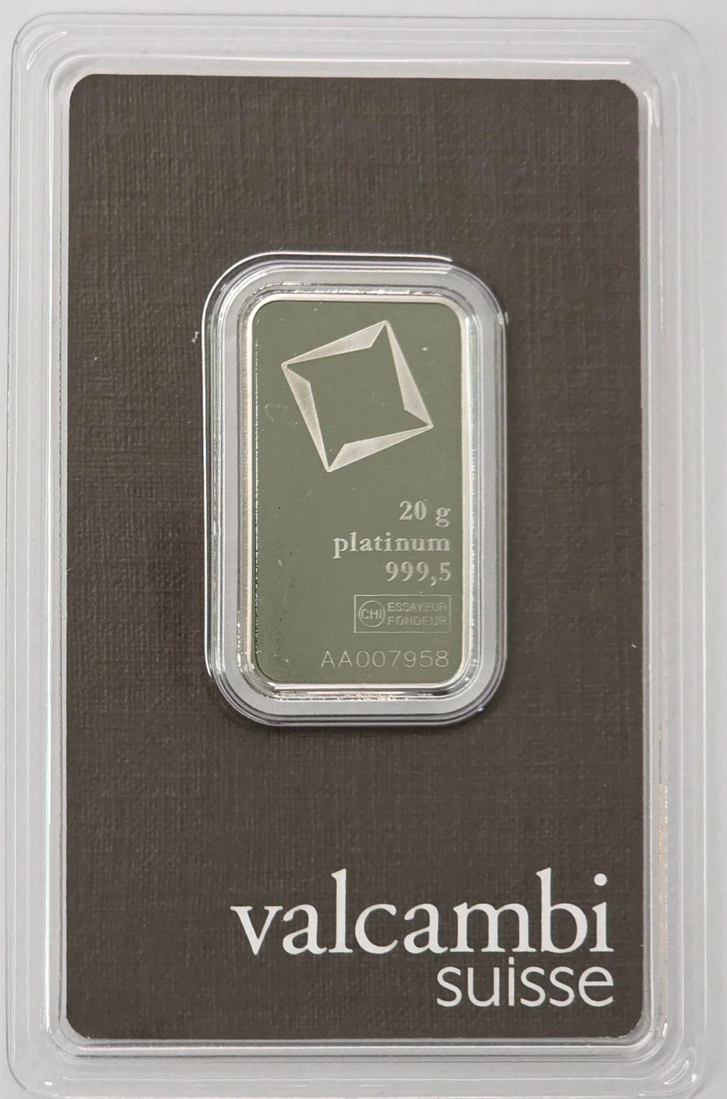 20 gram Platinum Bar - Valcambi Suisse - 999.5 Fine Assay