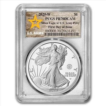 2025-W 1 oz Proof Silver Eagle PR-70 DCAM PCGS Army Privy, FDI, Army Label