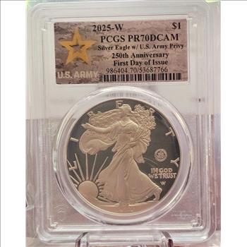 2025-W 1 oz Proof Silver Eagle PR-70 DCAM PCGS Army Privy, FDI, Army Label