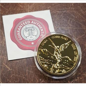 2026 Mexico Libertad Tribute 1 oz Copper Round 24K Gold Gilded W/Mint Capsule