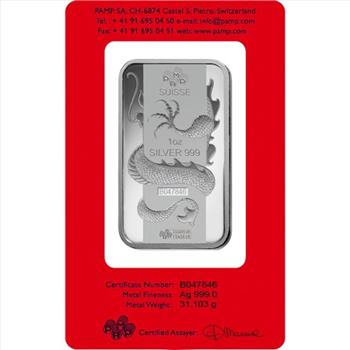 PAMP Suisse Lunar Dragon 1 oz .999 Silver Bar in Assay