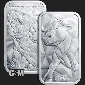 Bull and Bear Market 1 oz Silver GSM Bar BU