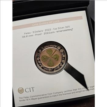 2022 1 oz Silver .925 Republic of Palau $5 Four-Leaf Clover Proof Coin Box/COA