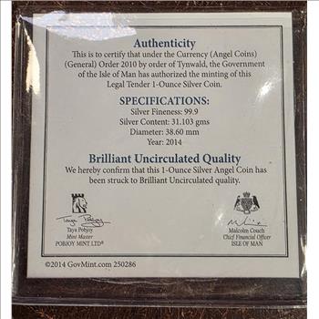 2014 Isle of Man 1 oz .999 Silver Angel BU Pobjoy Mint St. Michael w/ COA