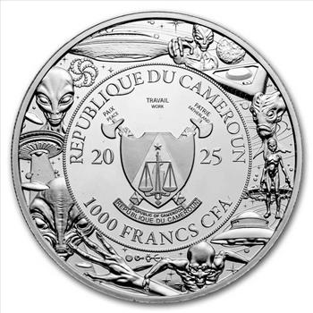 2025 Cameroon 1 oz Silver UFO & Aliens: Alien Face and Homeworld
