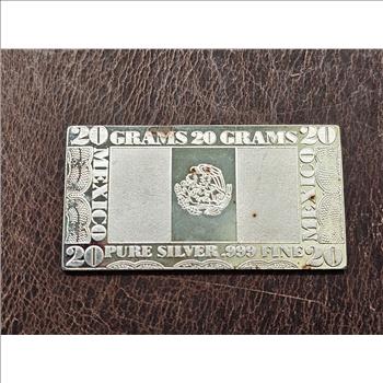 20 Gram .999 Fine Silver Bar Mexico Coat of Arms Stamp
