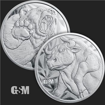 Bull and Bear Market 1 oz .999 Fine Silver Round - BU in Capsule