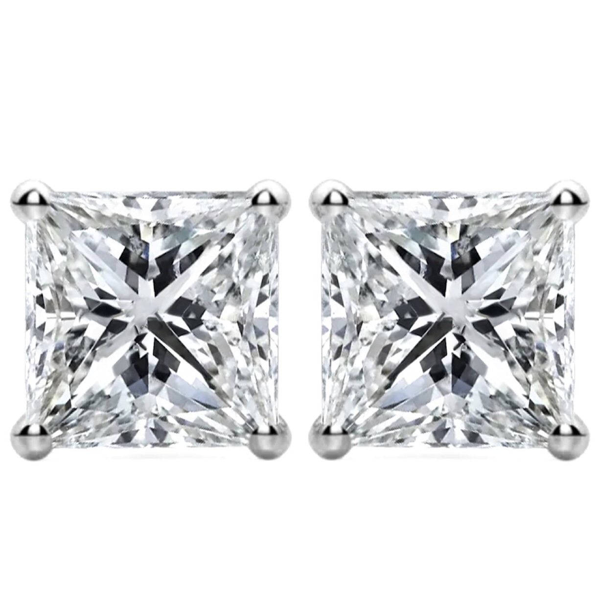 NY Diamond Appraisal Certified Real Natural Diamond 1 1/2 Carat Princess Cut Diamond Stud Earrings Solid 14k White Gold