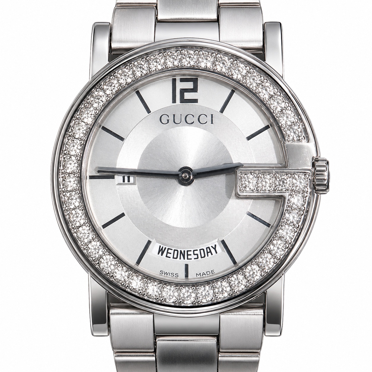 NY Diamond Appraisal Certified Custom Natural Diamond 2.00 Carat Men's White Dial Gucci Day of The Week Date Watch