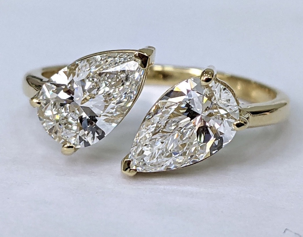 2 Carat Real Lab Grown Diamond Pear Double Stone Ring Solid 14k Yellow Gold