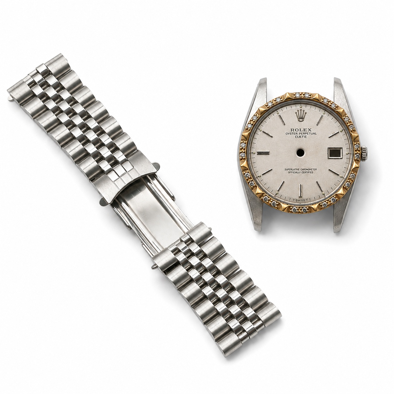 Rolex Diamond Bezel Oyster Perpetual Date Men's Watch Case Parts Set To Be Assembled Into A Running Watch