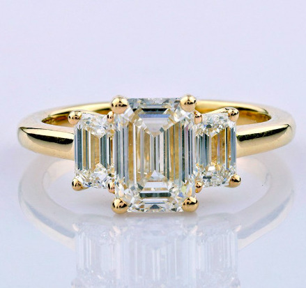 4 Carat Real Lab Grown Diamond Emerald Three Stone Ring Solid 14k Yellow Gold IGI Certified