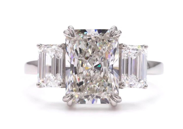 4 Carat Real Lab Grown Diamond Radiant and Emerald Cut Three Stone Ring Band Solid 14k White Gold IGI Certified 