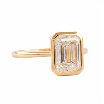 6 Carat Emerald Lab Grown Diamond Engagement Ring Bezel Set 14k Solid Yellow Gold IGI Certified