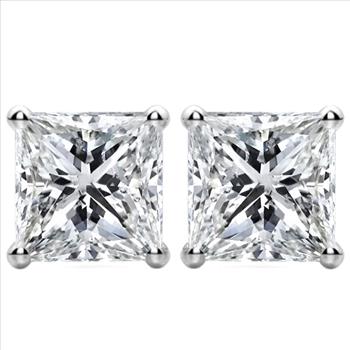 Real Natural Diamond 1 1/2 Carat Princess Cut Diamond Stud Earrings Solid 14k White Gold 
