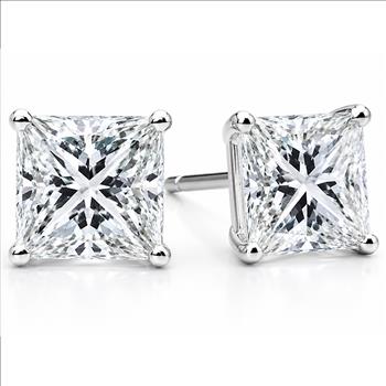 Real Natural Diamond 1 1/2 Carat Princess Cut Diamond Stud Earrings Solid 14k White Gold 