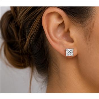 NY Diamond Appraisal Certified Real Natural Diamond 1 1/2 Carat Princess Cut Diamond Stud Earrings Solid 14k White Gold