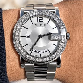 NY Diamond Appraisal Certified Custom Natural Diamond 2.00 Carat Men's White Dial Gucci Day of The Week Date Watch