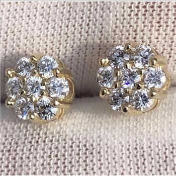 Near 1 Carat Ct VS Real Lab Grown Cluster Flower Stud Earrings Solid 14k Yellow Gold