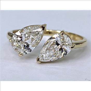 2 Carat Real Lab Grown Diamond Pear Double Stone Ring Solid 14k Yellow Gold