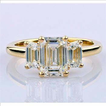 4 Carat Real Lab Grown Diamond Emerald Three Stone Ring Solid 14k Yellow Gold IGI Certified