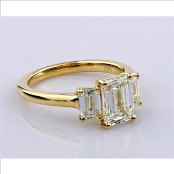 4 Carat Real Lab Grown Diamond Emerald Three Stone Ring Solid 14k Yellow Gold IGI Certified