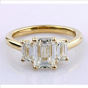 4 Carat Real Lab Grown Diamond Emerald Three Stone Ring Solid 14k Yellow Gold IGI Certified