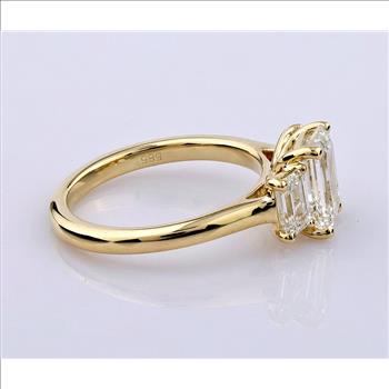 4 Carat Real Lab Grown Diamond Emerald Three Stone Ring Solid 14k Yellow Gold IGI Certified
