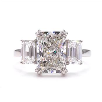4 Carat Real Lab Grown Diamond Radiant and Emerald Cut Three Stone Ring Band Solid 14k White Gold IGI Certified 