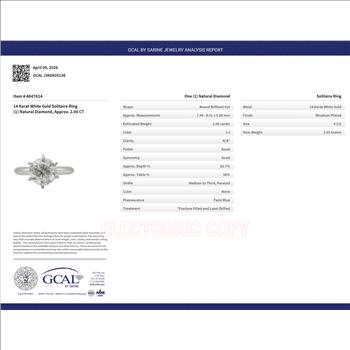 GCAL Certified Real Natural 2 Carat Diamond Brilliant Round Solitaire Engagement Ring Solid 14k White Gold