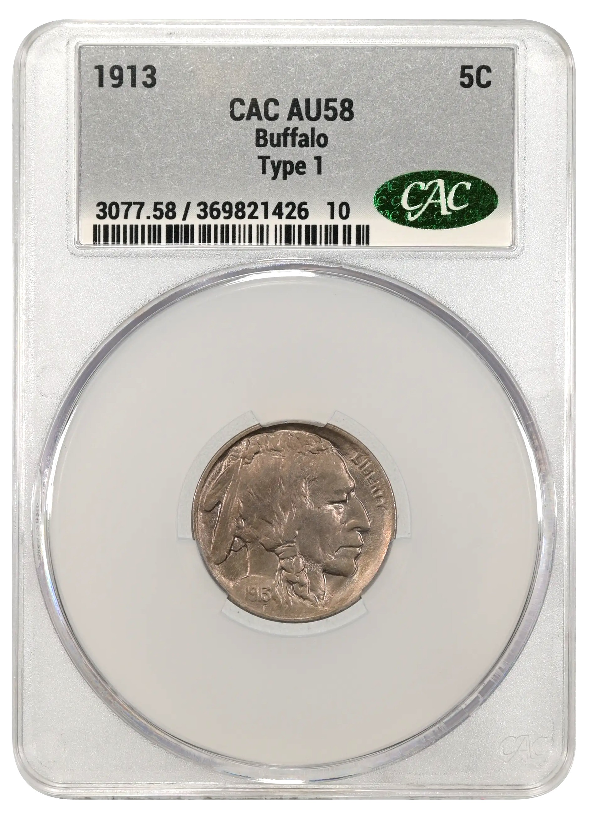 1913 Type 1 Buffalo Nickel Coin CAC AU58