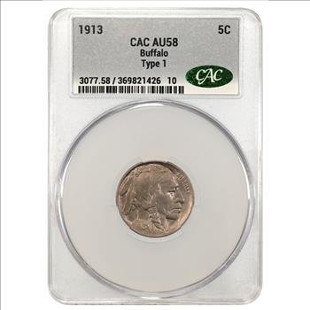 1913 Type 1 Buffalo Nickel Coin CAC AU58